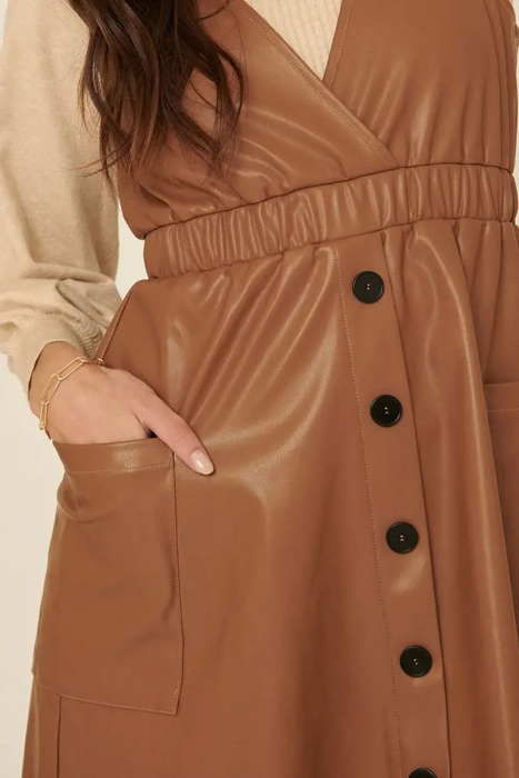 Caroline Faux Leather Surplice Mini Dress | Taupe Button-Up Polyester Dress | Fall Dress | Overall Dress
