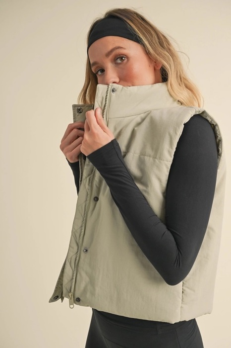 Chloe Puffer Vest | Sage Zip-Up Winter Women's Vest | Layering Vest | Warm Casual Athleisurewear