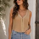  Dina Front Hook + Eye Knit Sweater Vest | Summer New Arrival | Women's V-Neck Tank | Beige Tan Neutral Top