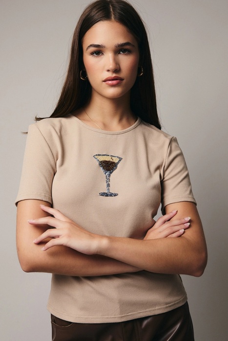 Espresso Martini Round Neck Rib Top | Women's Top | Holiday Shirt | Fall and Winter Trendy Fashion | Embellished | Tan Rib Knit