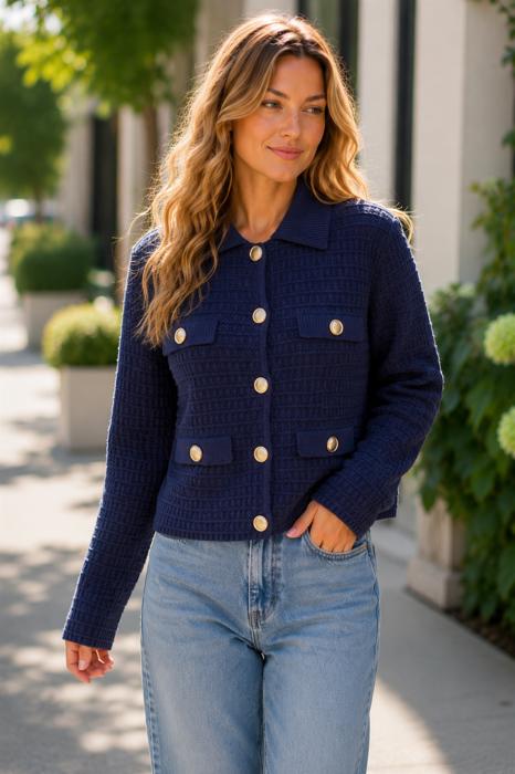 Eva Textured Knit Sweater Jacket with Gold Buttons | Women's Fall and Winter Fashion | Navy Blue Collared Sweater | Wear to Work | Trendy