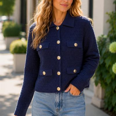 Eva Textured Knit Sweater Jacket with Gold Buttons | Women's Fall and Winter Fashion | Navy Blue Collared Sweater | Wear to Work | Trendy