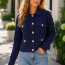  Eva Textured Knit Sweater Jacket with Gold Buttons | Women's Fall and Winter Fashion | Navy Blue Collared Sweater | Wear to Work | Trendy