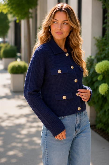 Eva Textured Knit Sweater Jacket with Gold Buttons | Women's Fall and Winter Fashion | Navy Blue Collared Sweater | Wear to Work | Trendy