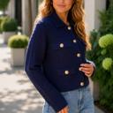  Eva Textured Knit Sweater Jacket with Gold Buttons | Women's Fall and Winter Fashion | Navy Blue Collared Sweater | Wear to Work | Trendy