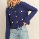  Eva Textured Knit Sweater Jacket with Gold Buttons | Women's Fall and Winter Fashion | Navy Blue Collared Sweater | Wear to Work | Trendy