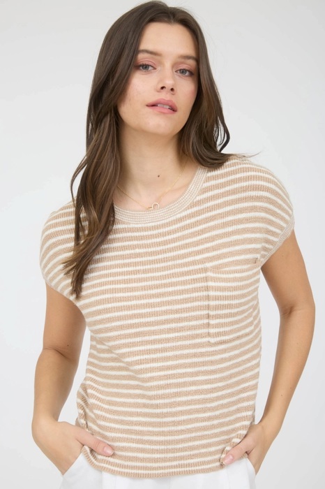 Faith Stripe Pocket Detail Short Sleeve Pullover Sweater Top | Spring New Arrival | Women's Khaki Neutral Beige Pocket Short Sleeve Shirt 