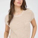  Faith Stripe Pocket Detail Short Sleeve Pullover Sweater Top | Spring New Arrival | Women's Khaki Neutral Beige Pocket Short Sleeve Shirt 