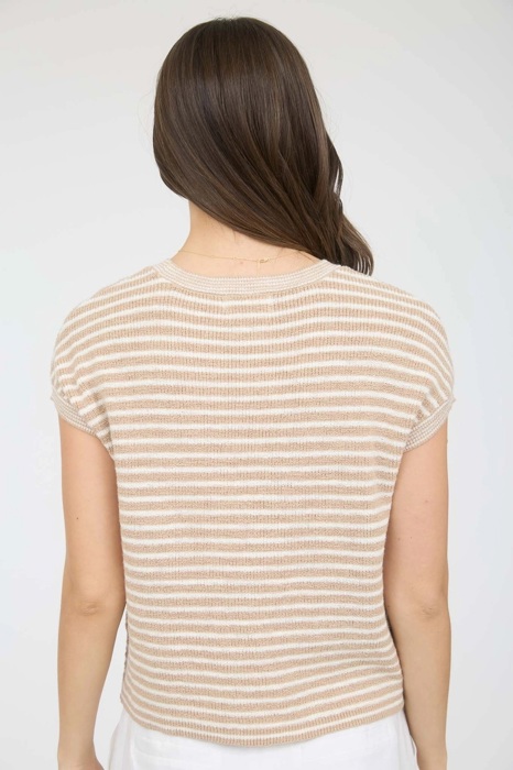 Faith Stripe Pocket Detail Short Sleeve Pullover Sweater Top | Spring New Arrival | Women's Khaki Neutral Beige Pocket Short Sleeve Shirt 