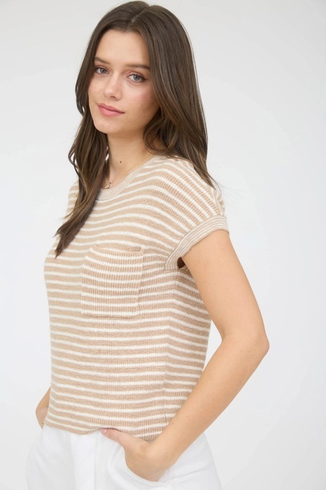 Faith Stripe Pocket Detail Short Sleeve Pullover Sweater Top | Spring New Arrival | Women's Khaki Neutral Beige Pocket Short Sleeve Shirt 