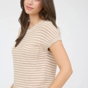  Faith Stripe Pocket Detail Short Sleeve Pullover Sweater Top | Spring New Arrival | Women's Khaki Neutral Beige Pocket Short Sleeve Shirt 