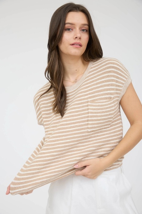 Faith Stripe Pocket Detail Short Sleeve Pullover Sweater Top | Spring New Arrival | Women's Khaki Neutral Beige Pocket Short Sleeve Shirt 