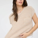  Faith Stripe Pocket Detail Short Sleeve Pullover Sweater Top | Spring New Arrival | Women's Khaki Neutral Beige Pocket Short Sleeve Shirt 