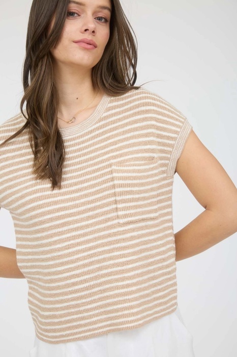 Faith Stripe Pocket Detail Short Sleeve Pullover Sweater Top | Spring New Arrival | Women's Khaki Neutral Beige Pocket Short Sleeve Shirt 