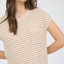  Faith Stripe Pocket Detail Short Sleeve Pullover Sweater Top | Spring New Arrival | Women's Khaki Neutral Beige Pocket Short Sleeve Shirt 