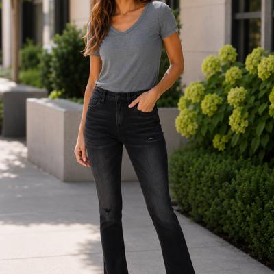 Gianna High Rise Slim with Slanted Slit | Women's Jeans | Vervet by Flying Monkey | Black Light-Faded with Stretch