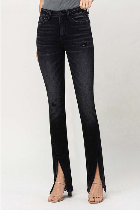 Gianna High Rise Slim with Slanted Slit | Women's Jeans | Vervet by Flying Monkey | Black Light-Faded with Stretch