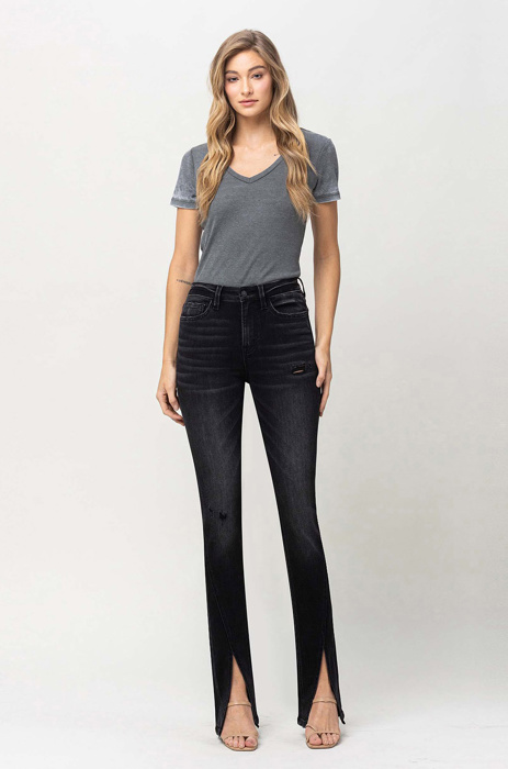 Gianna High Rise Slim with Slanted Slit | Women's Jeans | Vervet by Flying Monkey | Black Light-Faded with Stretch