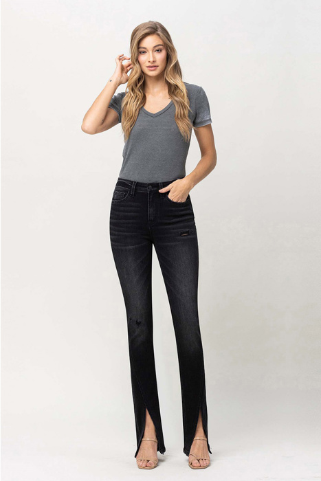 Gianna High Rise Slim with Slanted Slit | Women's Jeans | Vervet by Flying Monkey | Black Light-Faded with Stretch