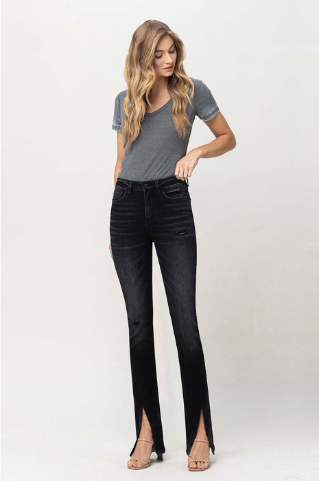 Gianna High Rise Slim with Slanted Slit | Women's Jeans | Vervet by Flying Monkey | Black Light-Faded with Stretch