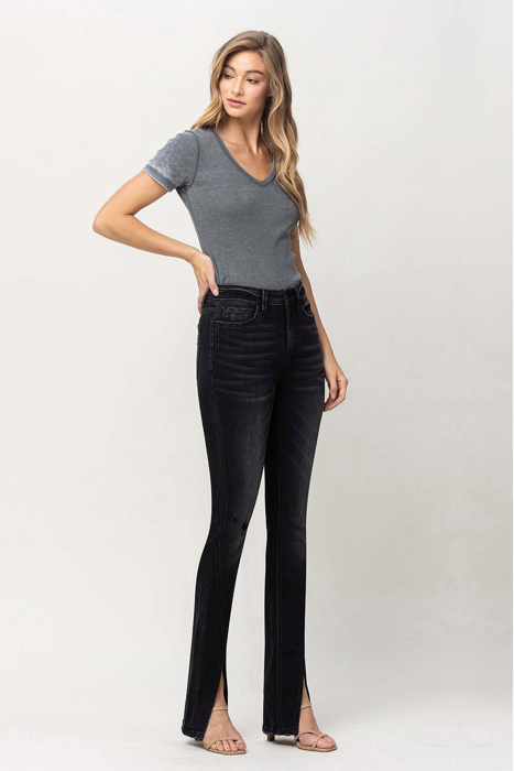 Gianna High Rise Slim with Slanted Slit | Women's Jeans | Vervet by Flying Monkey | Black Light-Faded with Stretch