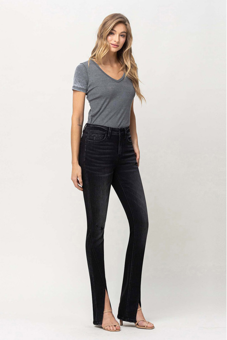 Gianna High Rise Slim with Slanted Slit | Women's Jeans | Vervet by Flying Monkey | Black Light-Faded with Stretch
