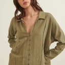  Gretchen Exposed Hem Button Down Top | Woven Green | Textured Button-Front with Exposed Hem