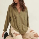  Gretchen Exposed Hem Button Down Top | Woven Green | Textured Button-Front with Exposed Hem