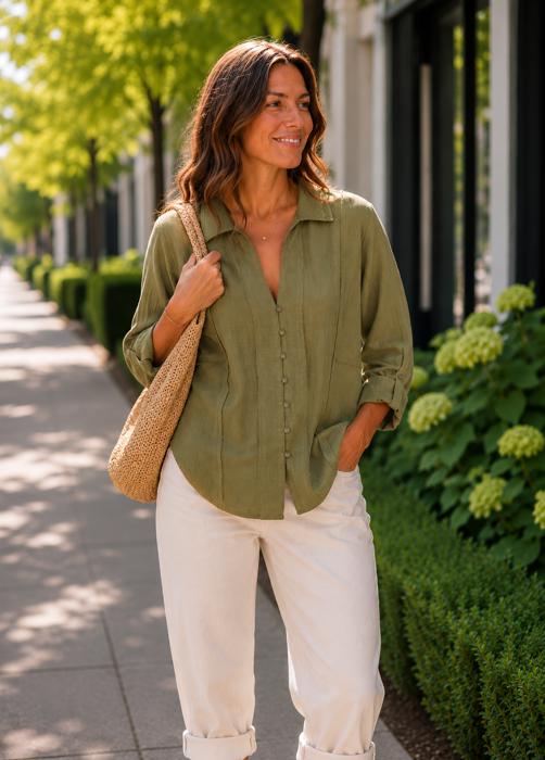 Gretchen Exposed Hem Button Down Top | Woven Green | Textured Button-Front with Exposed Hem