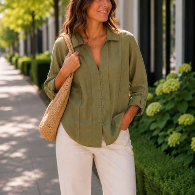 Gretchen Exposed Hem Button Down Top | Woven Green | Textured Button-Front with Exposed Hem