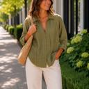  Gretchen Exposed Hem Button Down Top | Woven Green | Textured Button-Front with Exposed Hem