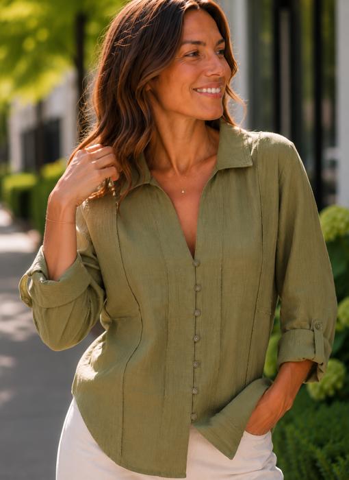 Gretchen Exposed Hem Button Down Top | Woven Green | Textured Button-Front with Exposed Hem