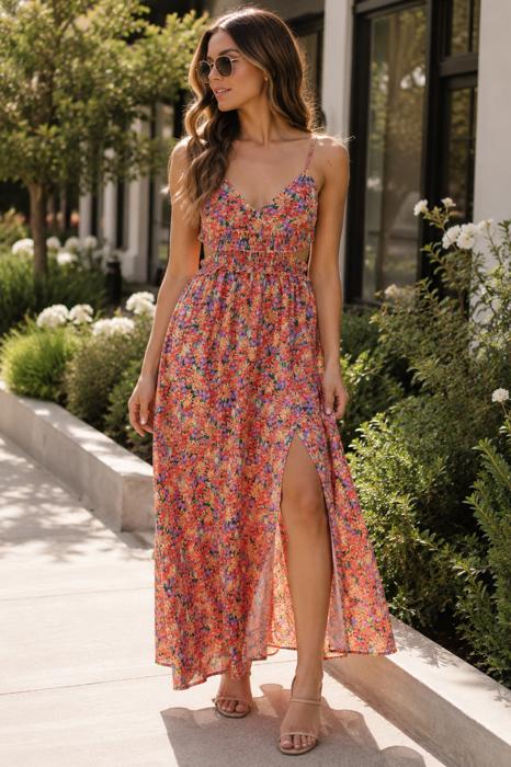 Jayla Woven Floral Dress | Summer New Arrival | Women's Maxi Dress with Cami Straps | Vacation Summer Dress | Side Cut-Outs | V-Neck