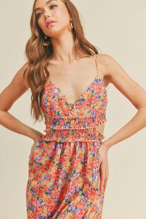 Jayla Woven Floral Dress | Summer New Arrival | Women's Maxi Dress with Cami Straps | Vacation Summer Dress | Side Cut-Outs | V-Neck
