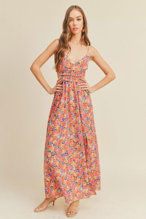 Jayla Woven Floral Dress | Summer New Arrival | Women's Maxi Dress with Cami Straps | Vacation Summer Dress | Side Cut-Outs | V-Neck