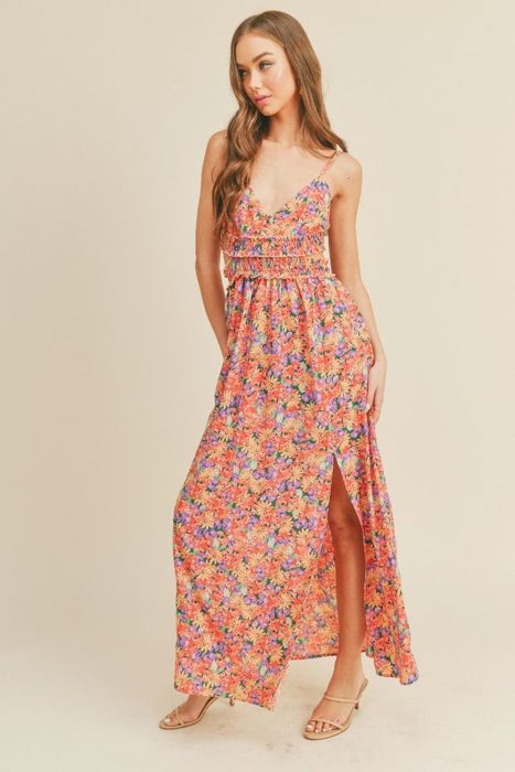 Jayla Woven Floral Dress | Summer New Arrival | Women's Maxi Dress with Cami Straps | Vacation Summer Dress | Side Cut-Outs | V-Neck