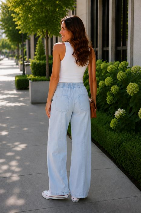 Julia KanCan High Rise Elastic Band Flare Jeans | Women's Cotton Lightweight Rope Drawstring Bottoms | Comfortable and Trendy | Summer Pants