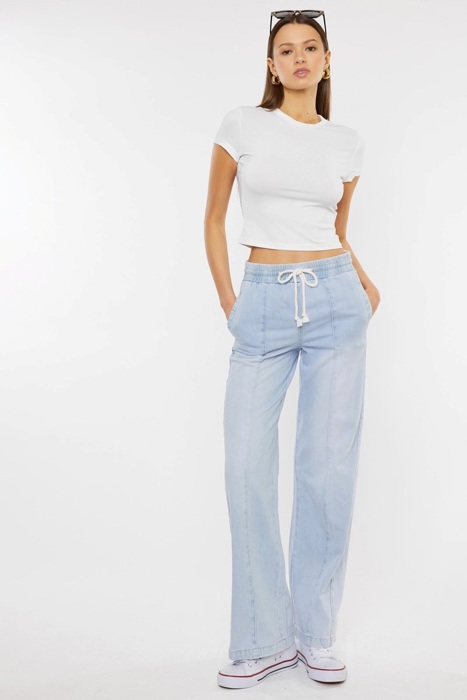 Julia KanCan High Rise Elastic Band Flare Jeans | Women's Cotton Lightweight Rope Drawstring Bottoms | Comfortable and Trendy | Summer Pants