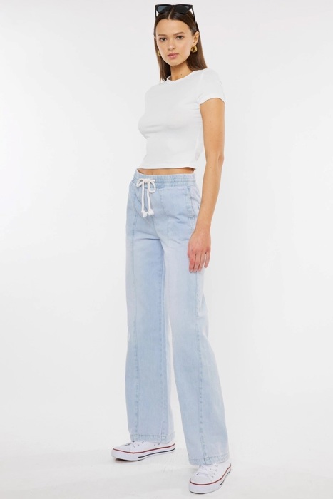 Julia KanCan High Rise Elastic Band Flare Jeans | Women's Cotton Lightweight Rope Drawstring Bottoms | Comfortable and Trendy | Summer Pants
