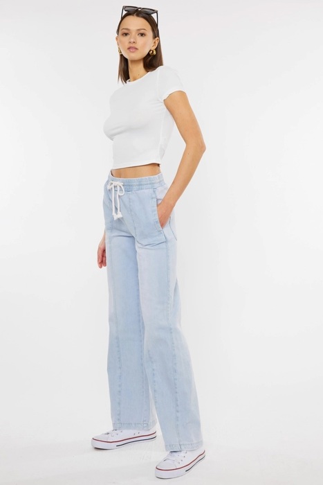 Julia KanCan High Rise Elastic Band Flare Jeans | Women's Cotton Lightweight Rope Drawstring Bottoms | Comfortable and Trendy | Summer Pants