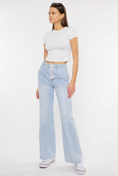 Julia KanCan High Rise Elastic Band Flare Jeans | Women's Cotton Lightweight Rope Drawstring Bottoms | Comfortable and Trendy | Summer Pants