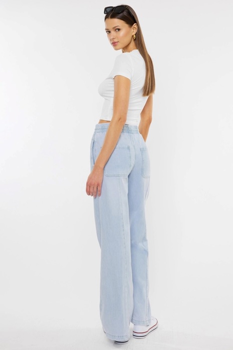 Julia KanCan High Rise Elastic Band Flare Jeans | Women's Cotton Lightweight Rope Drawstring Bottoms | Comfortable and Trendy | Summer Pants