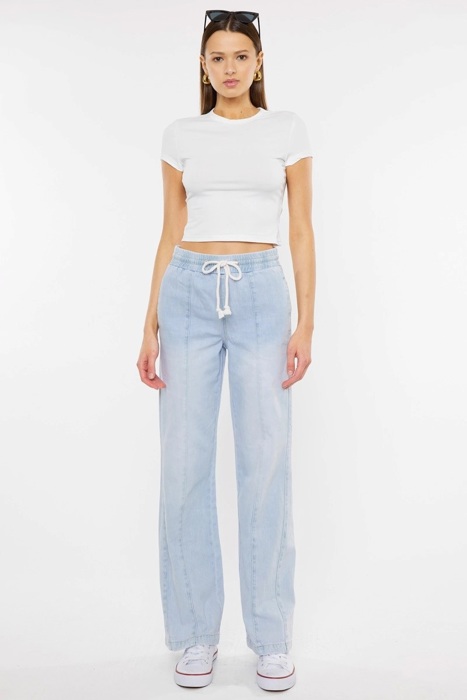 Julia KanCan High Rise Elastic Band Flare Jeans | Women's Cotton Lightweight Rope Drawstring Bottoms | Comfortable and Trendy | Summer Pants