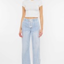  Julia KanCan High Rise Elastic Band Flare Jeans | Women's Cotton Lightweight Rope Drawstring Bottoms | Comfortable and Trendy | Summer Pants