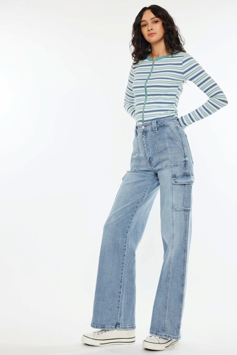 Kadence High Rise Wide Leg Skater Jeans | Women's Cotton Comfy Trendy Jeans | Medium Wash | Cargo Style | Summer Pants