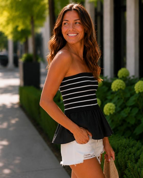 Kenna Flowy Peplum Tube Top | Summer New Arrival | Black and White Striped Tube Top Flowy Shirt | Summer Top