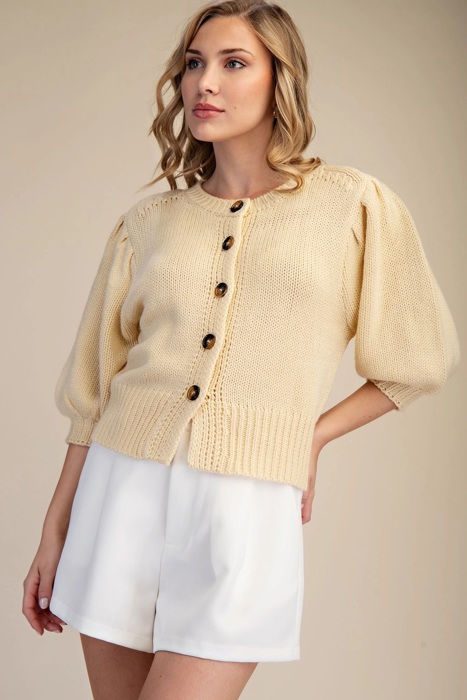 Kirsten Short Puff Sleeve Button Down Sweater | Butter Yellow Top | Cardigan | New Summer Arrival