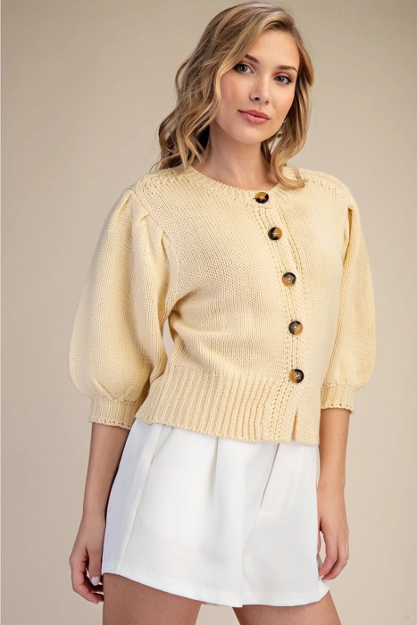 Kirsten Short Puff Sleeve Button Down Sweater | Butter Yellow Top | Cardigan | New Summer Arrival