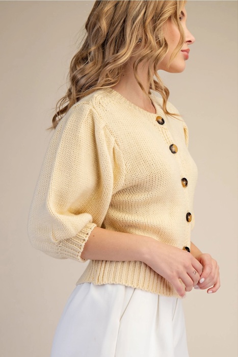 Kirsten Short Puff Sleeve Button Down Sweater | Butter Yellow Top | Cardigan | New Summer Arrival