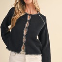  Leia Contrast Blanket Stitch Sweater Cardigan | Women's Black Soft Warm Knit Button-Up Top | Fall and Winter Fashion
